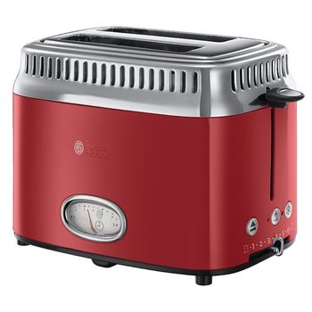 Prajitor de paine Russell Hobbs Retro Ribbon Red 21680-56, 1200 W, 2 felii, Prajire rapida, Gratar chifle, Rosu/Inox