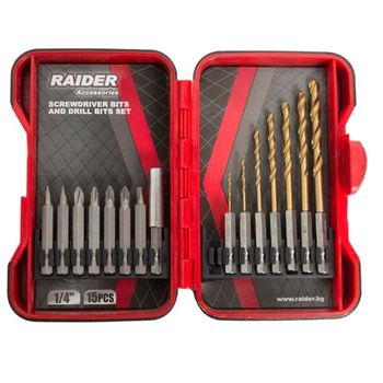 Set biti si burghie pentru surubelnita 15 piese, Raider 157795