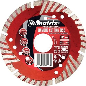 Disc diamantat pentru taiere uscata, segmentat, sectoare protectoa., 115 x 22,2 mm, MTX PROFESSIONAL