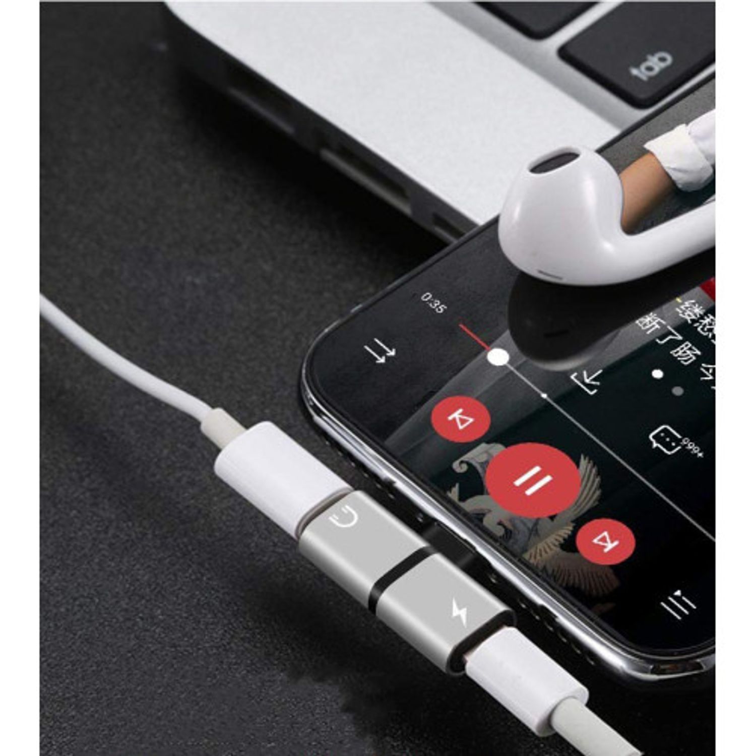 Mini Adaptor Lightning Splitter iUni dual port, pentru casti si incarcare iPhone, Silver fotografia produsului View 5 L