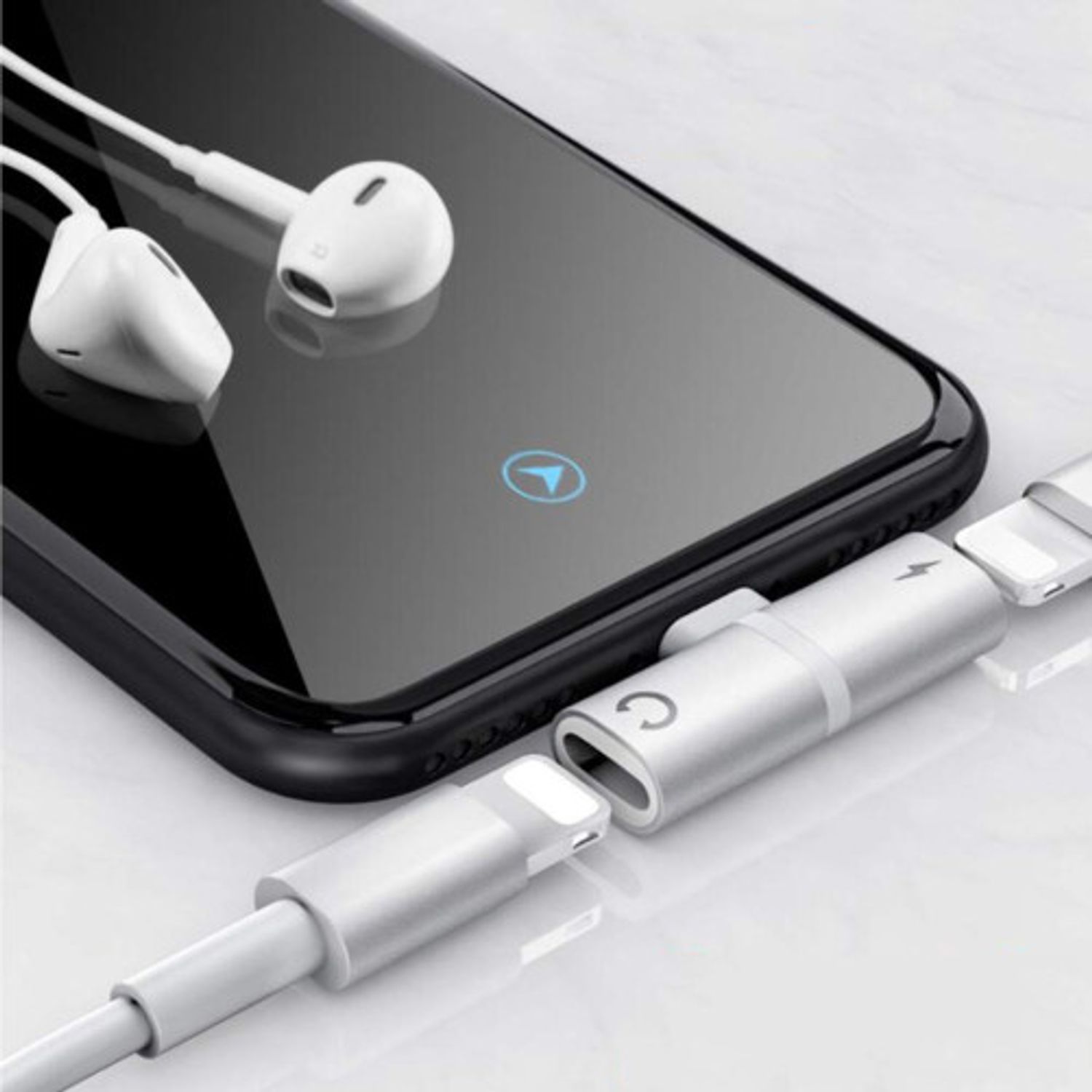 Mini Adaptor Lightning Splitter iUni dual port, pentru casti si incarcare iPhone, Silver fotografia produsului View 4 L