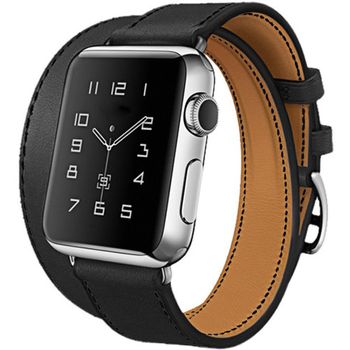 Curea iuni compatibila cu apple watch 1/2/3/4/5/6, 42mm, double tour, piele, negru