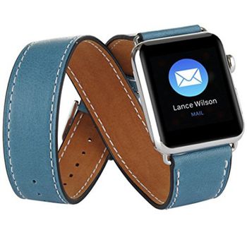 Curea iuni compatibila cu apple watch 1/2/3/4/5/6, 44mm, double tour, piele, albastru