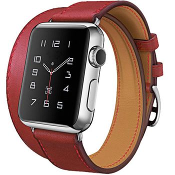 Curea iuni compatibila cu apple watch 1/2/3/4/5/6, 44mm, double tour, piele, rosu
