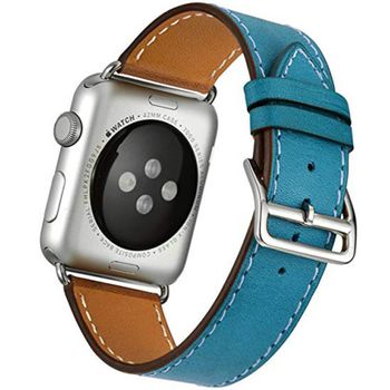 Curea iuni compatibila cu apple watch 1/2/3/4/5/6, 42mm, single tour, piele, albastru