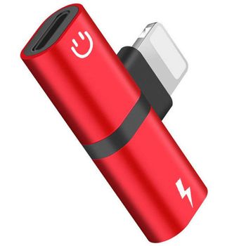 Mini adaptor iuni compatibil cu apple iphone, lightning splitter, dual port, adaptor casti, adaptor incarcare, red
