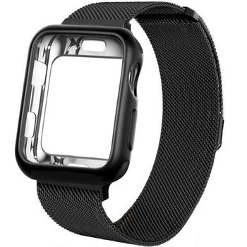 Curea iUni compatibila cu Apple Watch 1/2/3/4/5/6, 38mm, Milanese Loop, carcasa protectie incorporata, Black