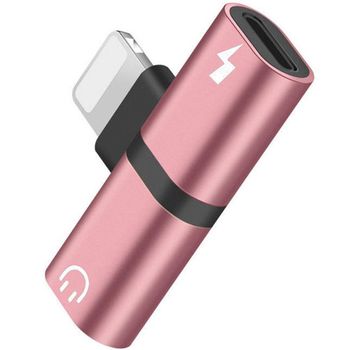 Mini adaptor iuni compatibil cu apple iphone, lightning splitter, dual port, adaptor casti, adaptor incarcare, rose gold