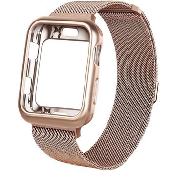 Curea iUni compatibila cu Apple Watch 1/2/3/4/5/6, 42mm, Milanese Loop, carcasa protectie incorporata, Rose Gold
