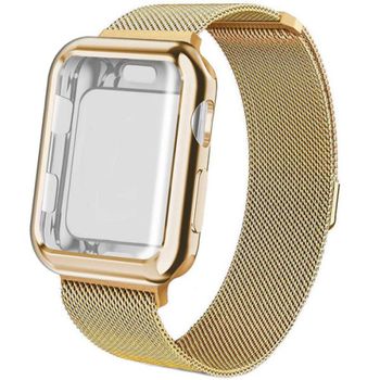 Curea iUni compatibila cu Apple Watch 1/2/3/4/5/6, 42mm, Milanese Loop, carcasa protectie incorporata, Gold
