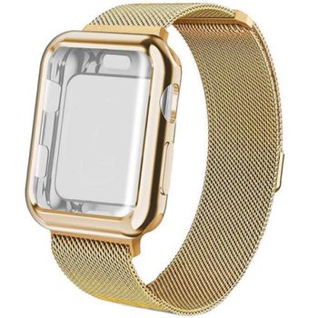 Curea iuni compatibila cu apple watch 1/2/3/4/5/6, 42mm, milanese loop, carcasa protectie incorporata, gold