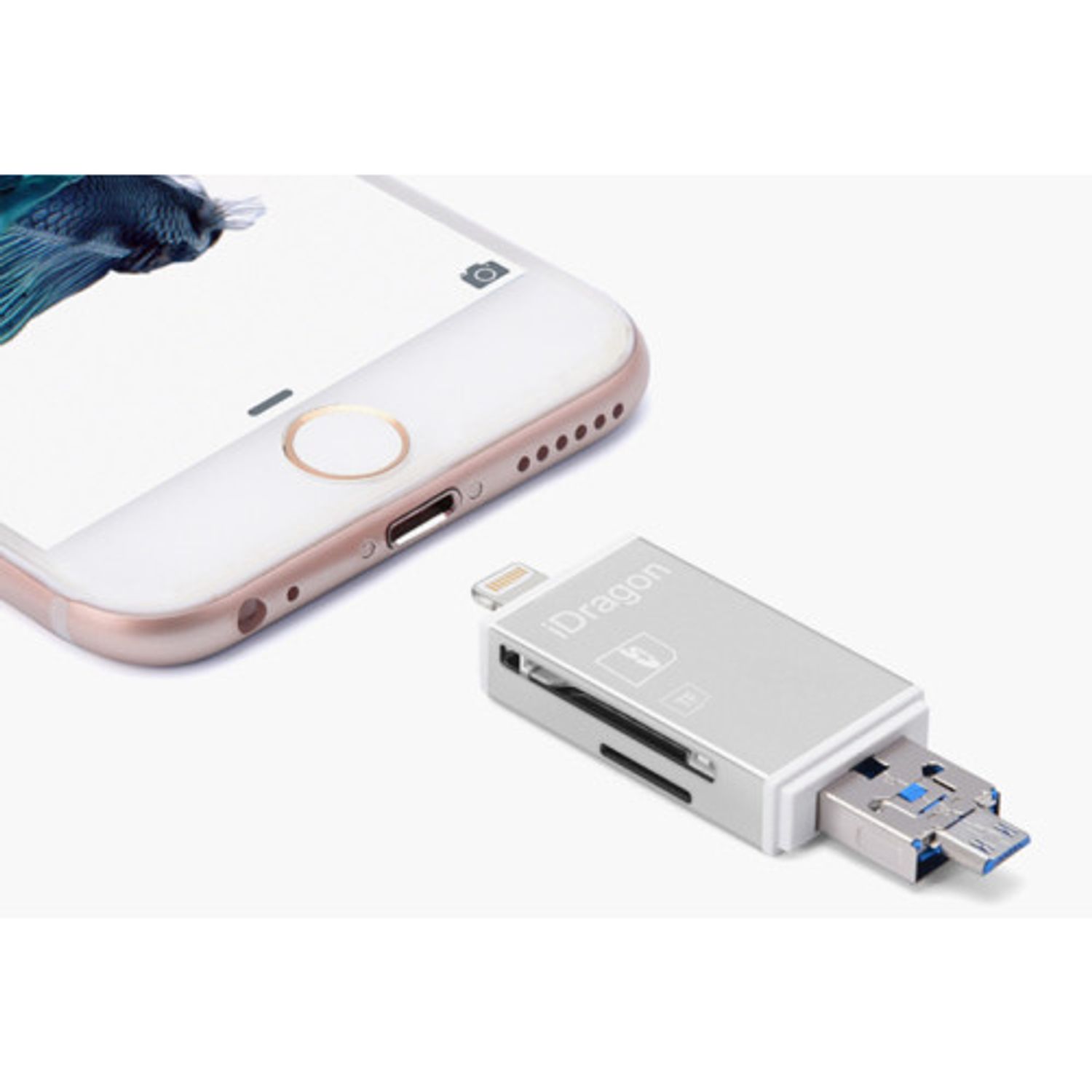 Card Reader iUni Lightning + MicroUSB OTG, Memorie Externa pentru dispozitive iOS si Android, Silver fotografia produsului View 3 L