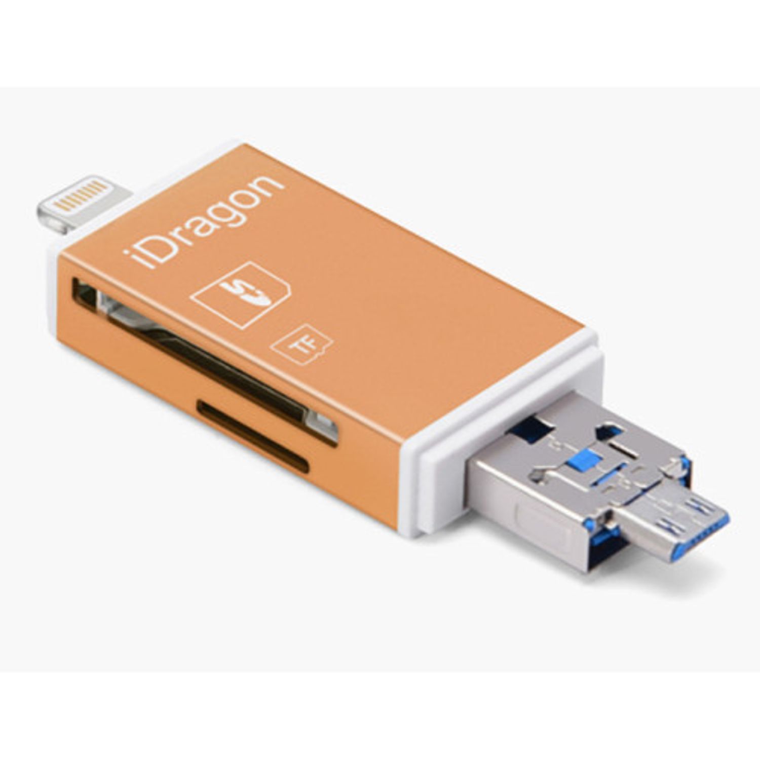 Card Reader iUni Lightning + MicroUSB OTG, Memorie Externa pentru dispozitive iOS si Android, Gold fotografia produsului View 3 L