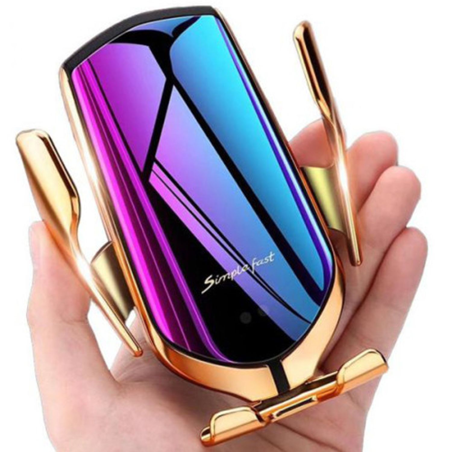 Suport auto cu incarcator wireless iUni R1, micro USB, functie Fast Charge, Gold fotografia produsului View 2 L