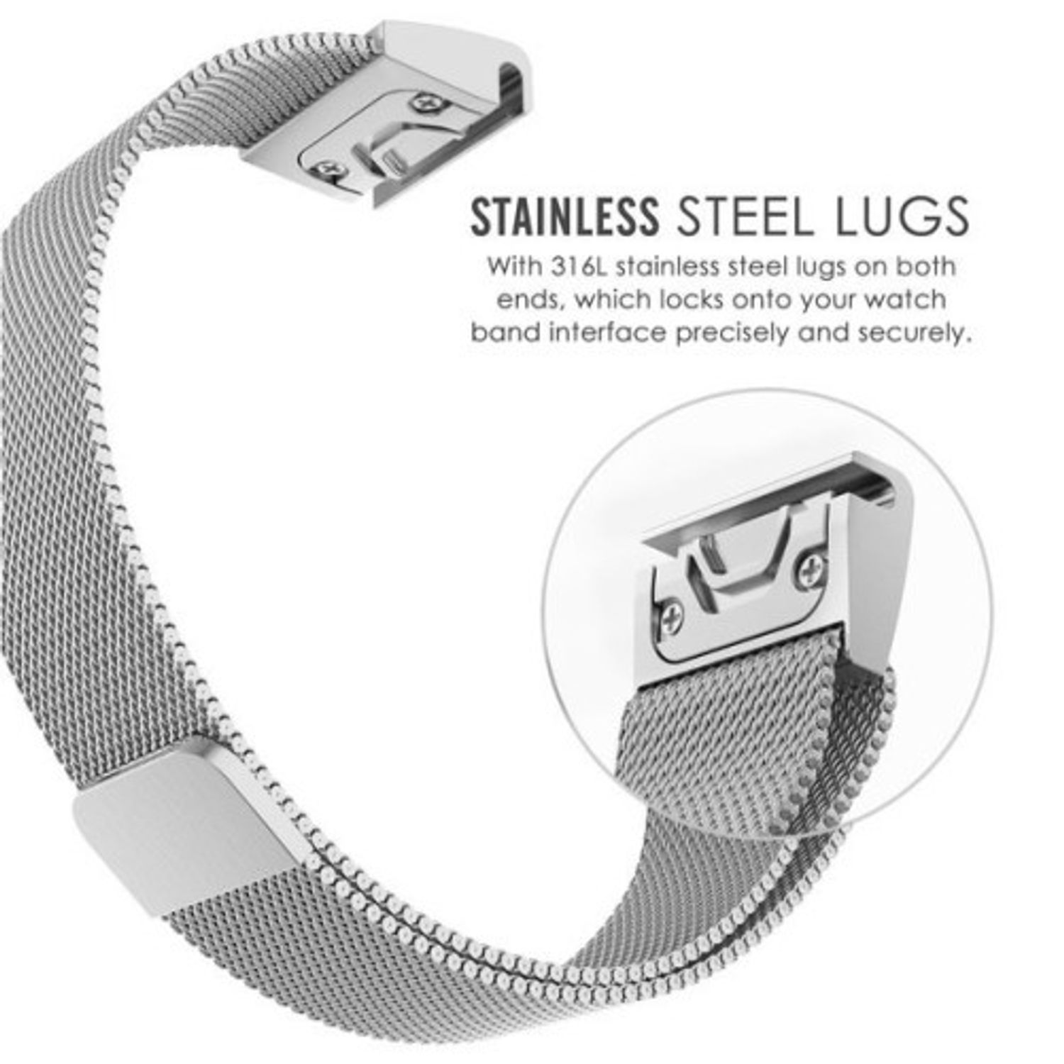 Curea iUni compatibila cu Garmin Fenix 3 / Fenix 5X, 26 mm, Milanese Loop Strap Silver fotografia produsului View 4 L