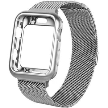 Curea iUni compatibila cu Apple Watch 1/2/3/4/5/6, 42mm, Milanese Loop, carcasa protectie incorporata, Silver