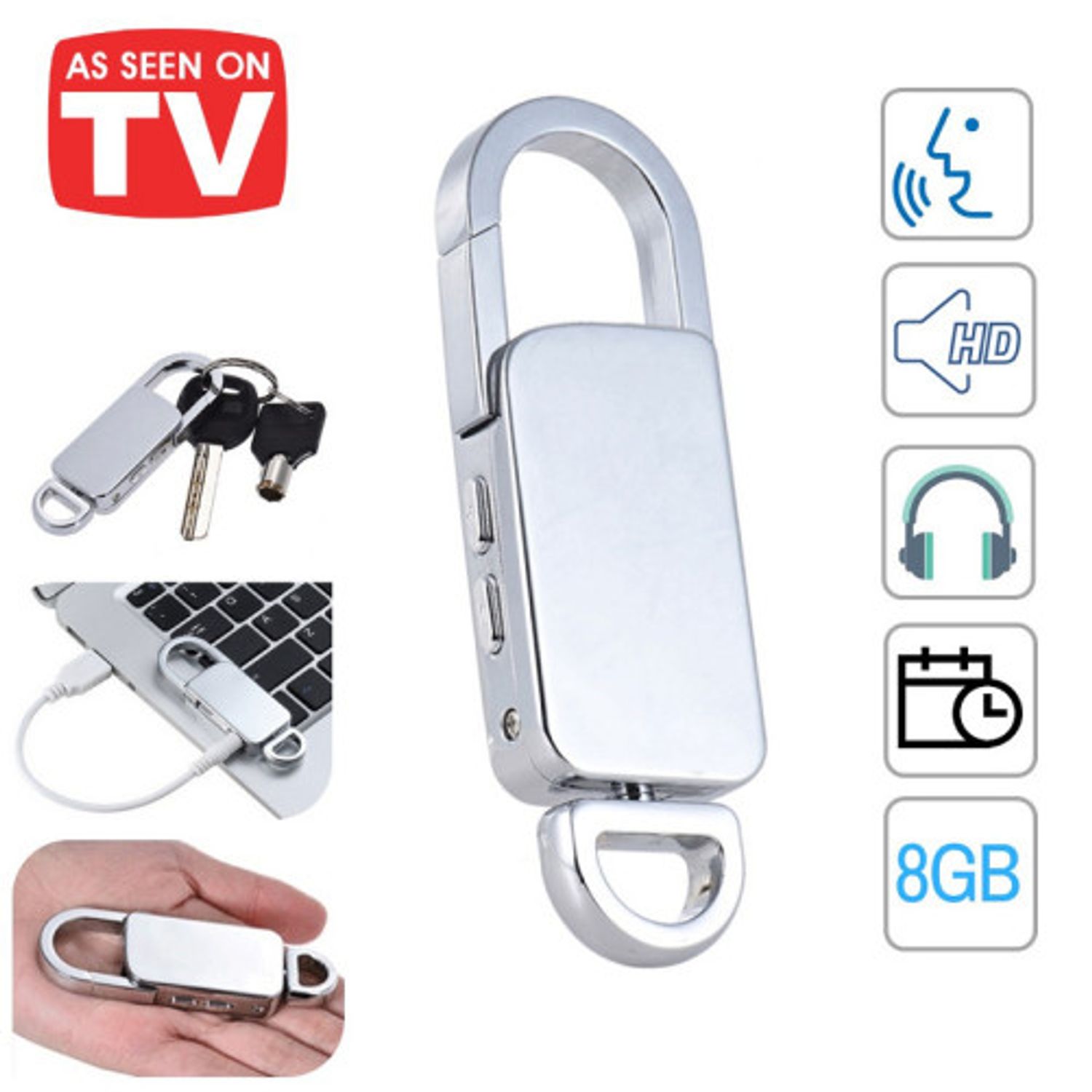Breloc Reportofon Spion iUni BR11, Memorie interna 8GB, MP3 Player, Silver fotografia produsului View 4 L