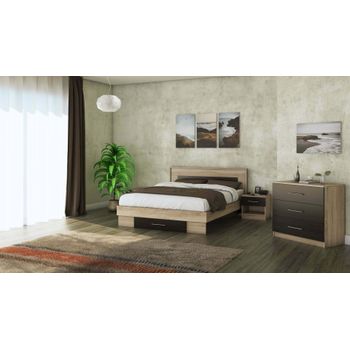 Set mobila dormitor Beta, Sonoma/Wenge, Pat 140×200 cm, Noptiera, Comoda
