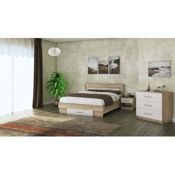 Set mobila dormitor beta, sonoma/alb, pat 160x200 cm, noptiera, comoda