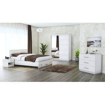 Set dormitor beta, alb, dulap 150 cm, pat 160x200 cm, 2 noptiere, comoda