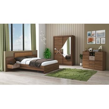 Set Dormitor Domino, Nuc, Dulap 200 cm, Pat 160x200 cm, 2 noptiere, comoda