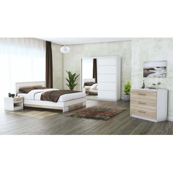 Set Dormitor Beta, Alb/Sonoma , Dulap 183 cm, Pat 160x200 cm, 2 noptiere, comoda