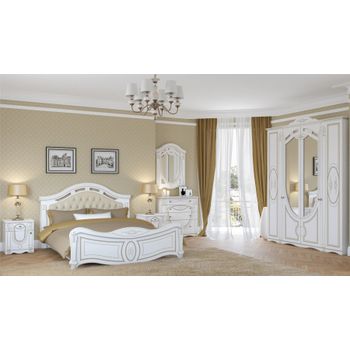 Set dormitor alexandrina tapitat, cu dulap 4 usi, comoda, pat si noptiere, mdf alb / auriu