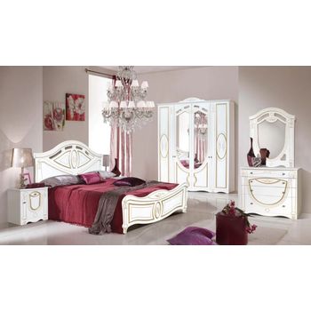 Set dormitor alexandrina, cu dulap 4 usi, comoda, pat si noptiere, mdf alb / auriu