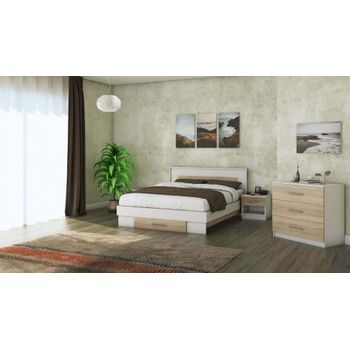 Set mobila dormitor beta, alb/sonoma, pat 140×200 cm, noptiera, comoda