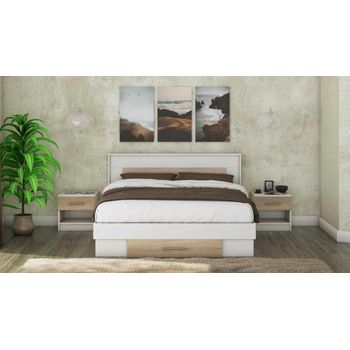 Pat beta cu noptiere, alb/sonoma, 160×200 cm, suport saltea inclus