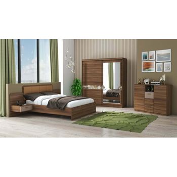 Set Dormitor Atena, Nuc, Dulap 200 cm, Pat 160x200 cm, 2 noptiere, comoda