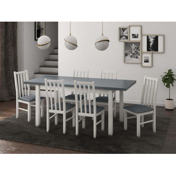Set masa living Modena1 BG cu 6 scaune Boss10 B11, alb/grafit, extensibila 140/180 cm, lemn masiv/stofa/pal