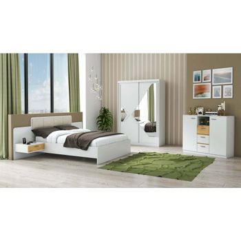 Set dormitor domino, alb, dulap 150 cm, pat 160x200 cm, 2 noptiere, comoda