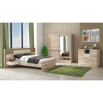 Set Dormitor Atena, Sonoma, Dulap 200 cm, Pat 160x200 cm, 2 noptiere, comoda