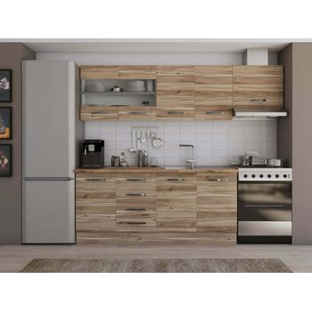 Set mobila bucatarie alfa 240 cm cu vitrina, culoare lyon