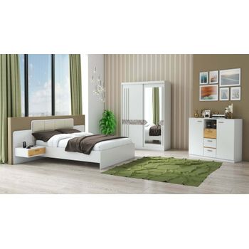 Set dormitor atena, alb, dulap 150 cm, pat 160x200 cm, 2 noptiere, comoda
