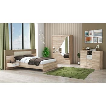 Set dormitor domino, sonoma, dulap 150 cm, pat 160x200 cm, 2 noptiere, comoda