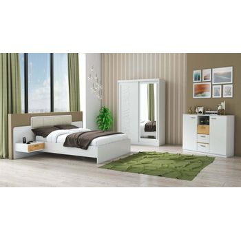 Set dormitor tokyo, alb, dulap 150 cm, pat 160x200 cm, 2 noptiere, comoda