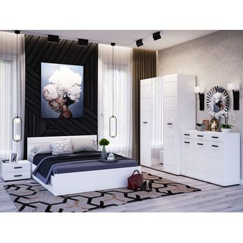 Set dormitor nensi mdf cu dulap, comoda, pat si noptiere, alb lucios