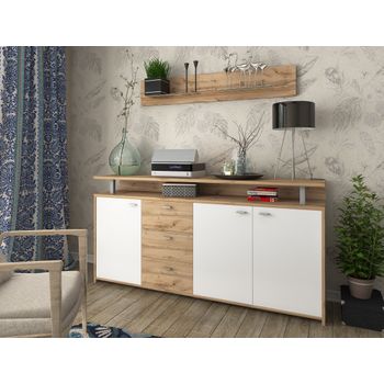 Comoda, life 3d 3s, 178x38x88cm, alb/stejar