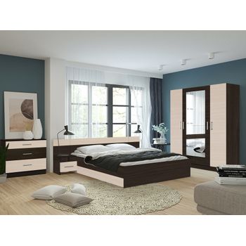 Set dormitor lesi cu dulap 4 usi, comoda, pat si noptiere, wenge/mesteacan