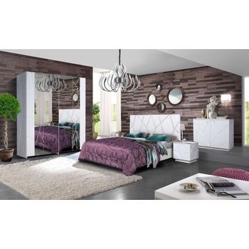 Set dormitor kenzo, 130x52x198cm, cu dulap 4 usi, comoda, pat si noptiere, alb
