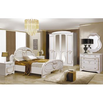 Set dormitor olesia, cu dulap 4 usi, comoda, pat si noptiere, mdf vopsit alb patinat