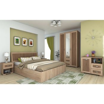 Set dormitor cezar, cu dulap 3 usi, comoda, pat si noptiere, sonoma