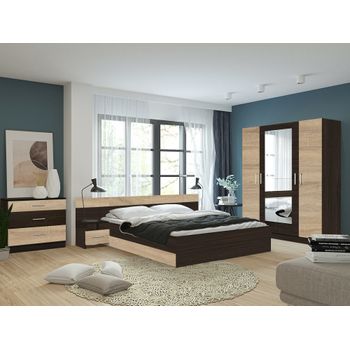 Set dormitor lesi, 160x47x190cm, cu dulap 4 usi, comoda, pat si noptiere, canter/sonoma
