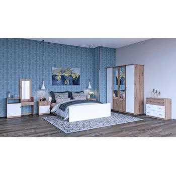 Set dormitor kim nova, cu dulap, comoda, corp toaleta, pat si noptiere, stejar/alb