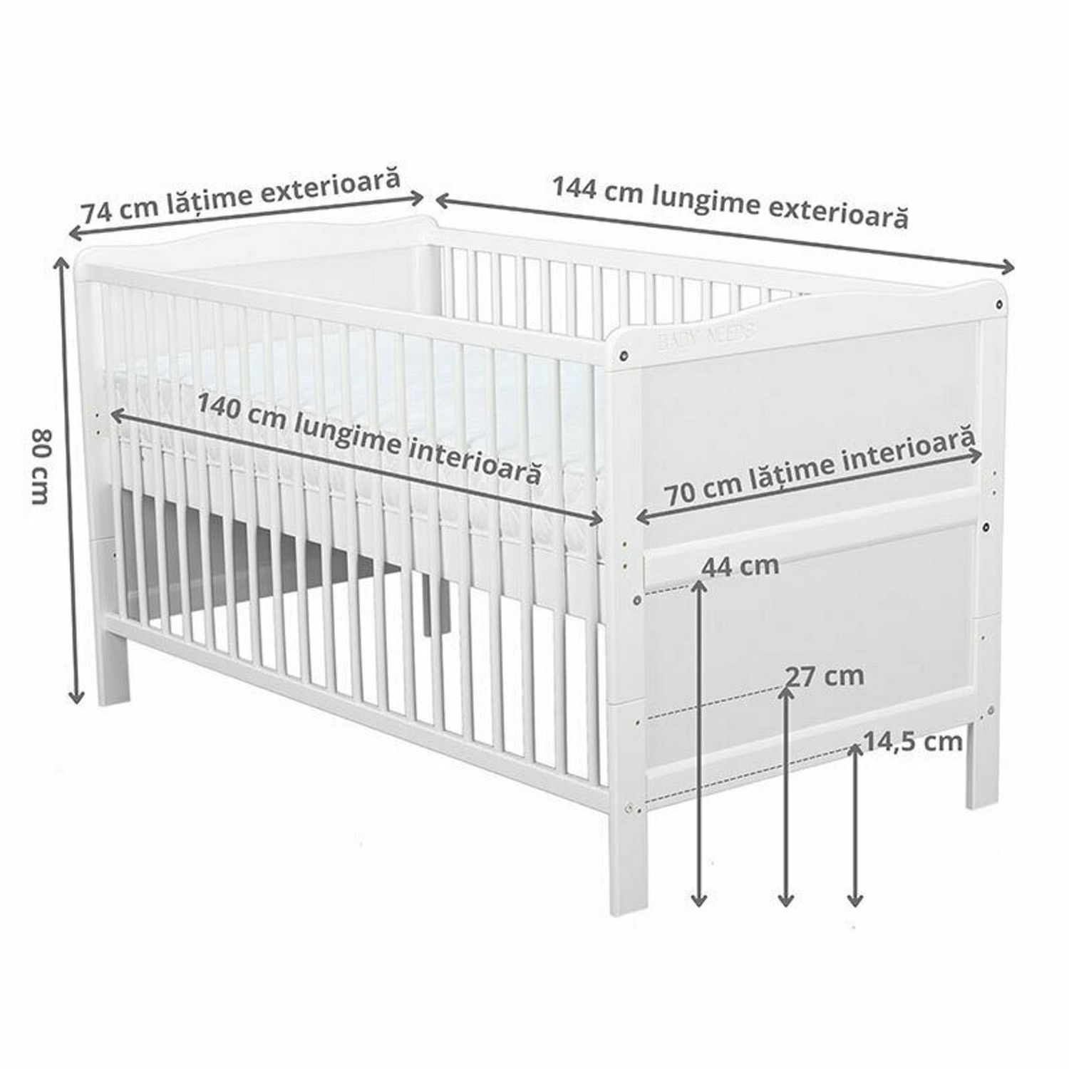 BabyNeeds - Patut din lemn Nadia 140x70 cm, transformabil, Alb fotografia produsului View 4 L