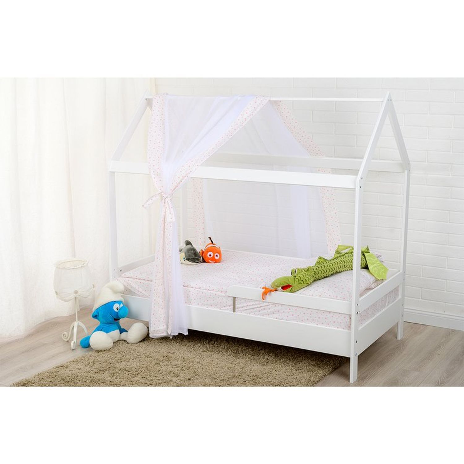 BabyNeeds - Patut din lemn Casuta 160x80 cm, Alb fotografia produsului