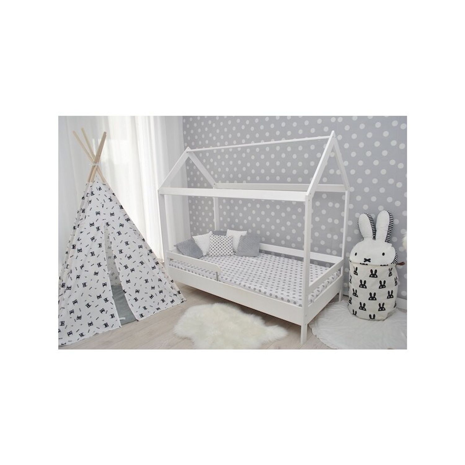 BabyNeeds - Patut din lemn Casuta 160x80 cm, Alb fotografia produsului View 6 L