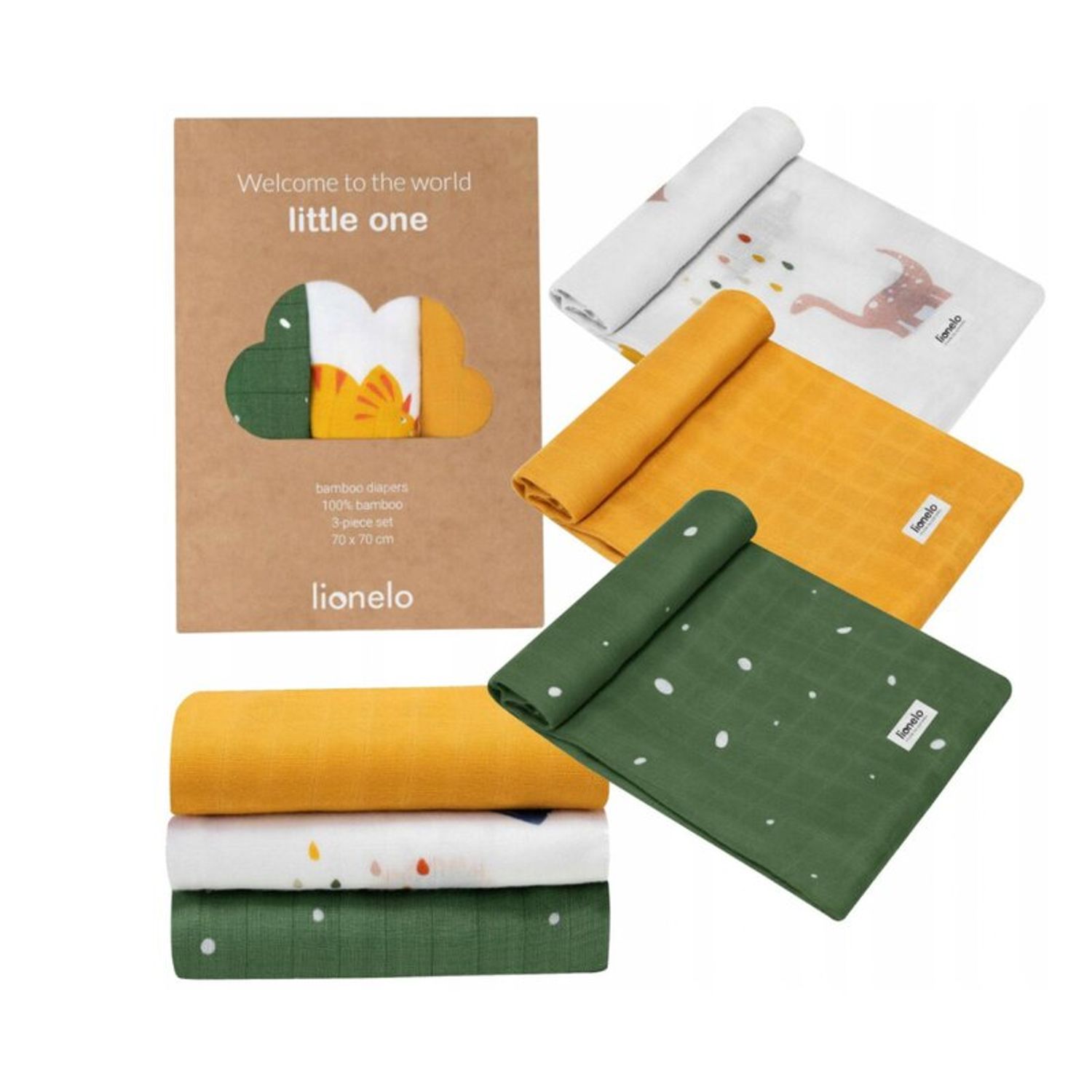 Lionelo - Set 3 scutece multifunctionale Dino, Din Bambus, 70x70 cm, Multicolor fotografia produsului View 2 L